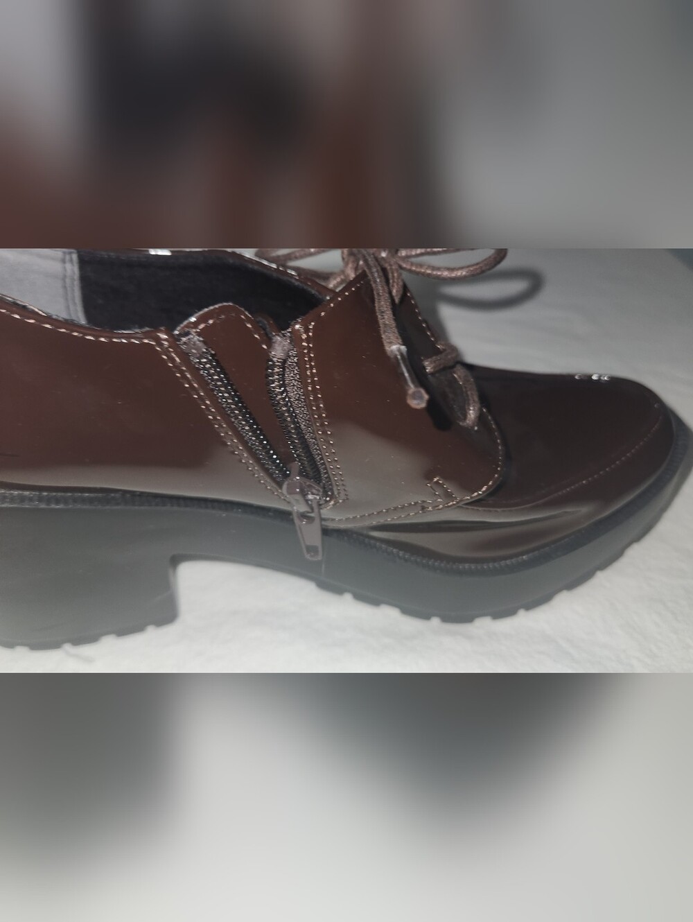 Women's Brown Patent Look Lace-Up Dress Shoes W/ Side Zip Size 7